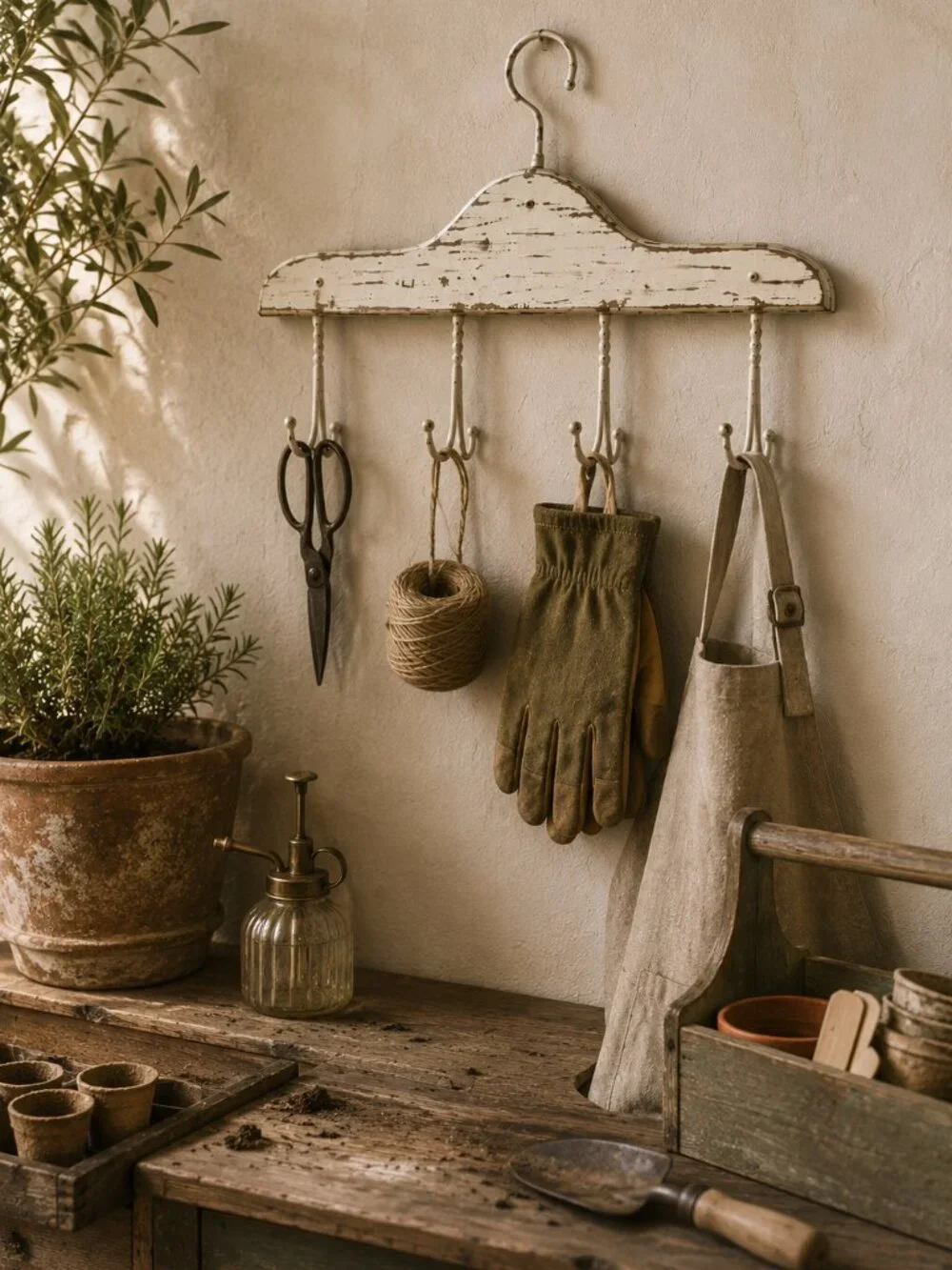 2- Vintage Primitive Whitewashed Wooden Coat Hanger Rack With Four Double Hooks